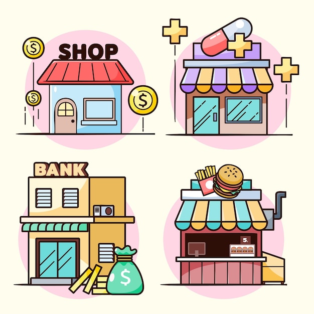 Vetor grátis conjunto de ícones de fachadas de lojas e lojas com cambistas, farmácias, bancos, hambúrgueres