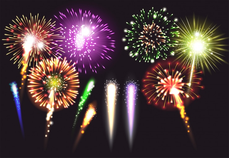 Vetor grátis conjunto de ícones de fogos de artifício realista em diferentes tamanhos, formas e cores iluminadas e brilhantes