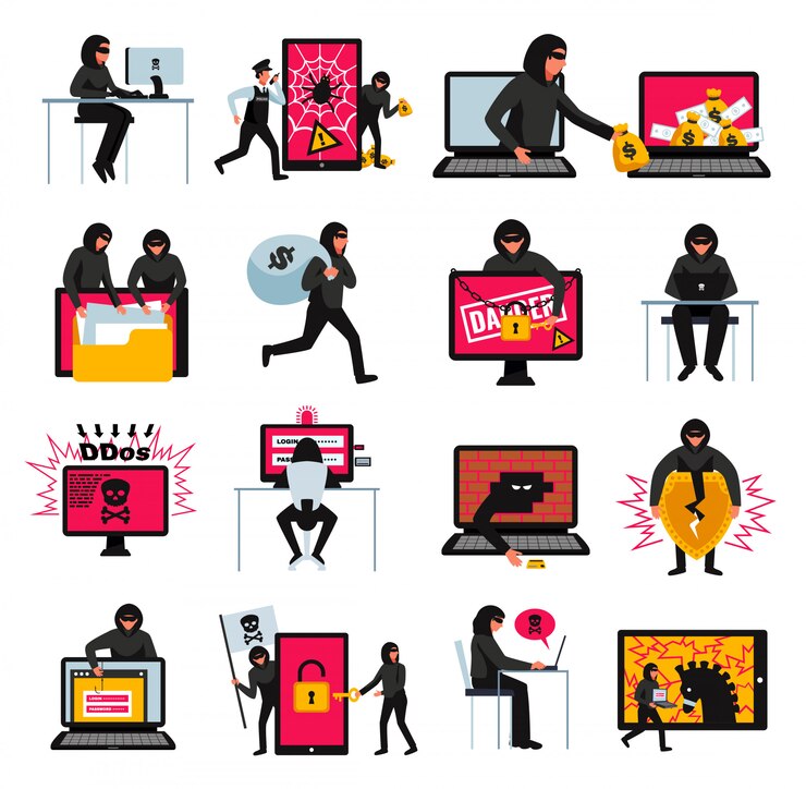 Vetor grátis conjunto de ícones de hacker com ilustração on-line plana de símbolos de ameaças e ataques