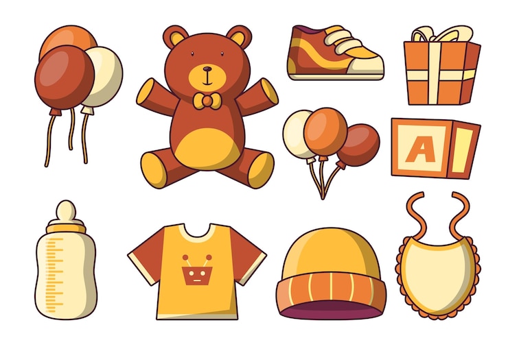 Vetor grátis conjunto de ícones de itens de bebê com brinquedos e acessórios para crianças no estilo cartoon