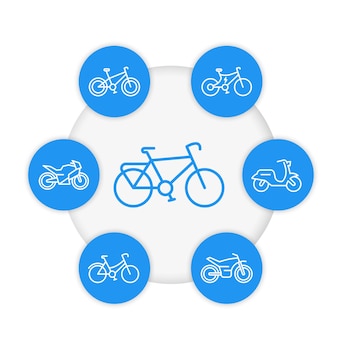 Conjunto de ícones de linha de bicicletas, ciclismo, bicicletas, motocicleta, moto
