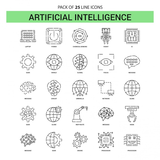 Conjunto de ícones de linha de inteligência artificial - 25 estilo de contorno esboçado
