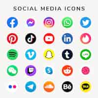 Vetor grátis conjunto de ícones de mídia social com logotipos do facebook, instagram, twitter, tiktok e youtube