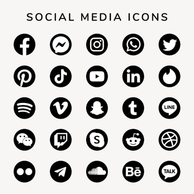 Conjunto de ícones de mídia social com logotipos do Facebook, Instagram, Twitter, TikTok e YouTube