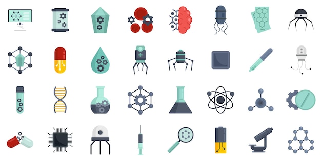 Conjunto de ícones de nanotecnologia. conjunto plano de ícones vetoriais de nanotecnologia isolados no fundo branco
