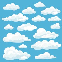 Vetor grátis conjunto de ícones de nuvens brancas de desenho animado isolado em azul