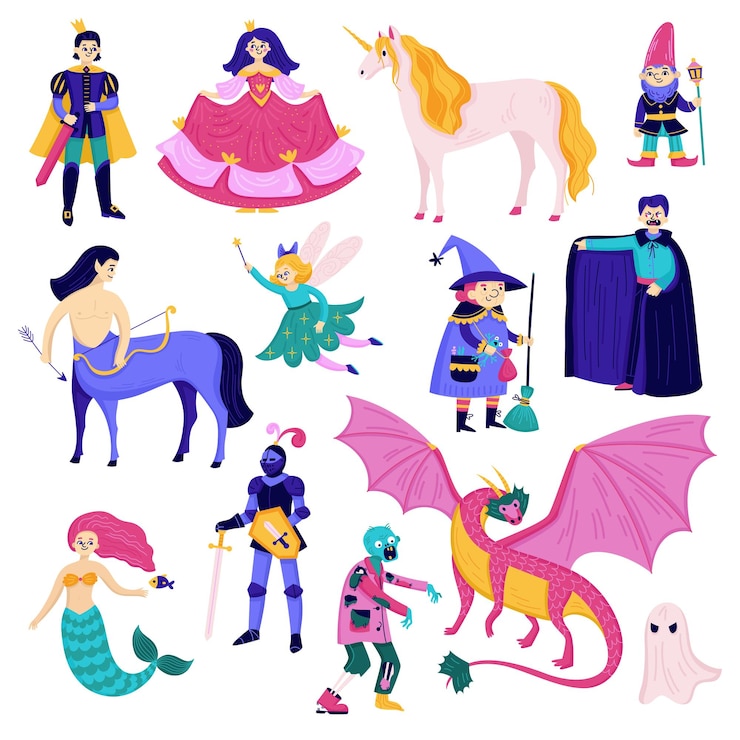 Vetor grátis conjunto de ícones de personagens de contos de fadas com fantasma de zumbi de dragão de gnomo unicórnio e ilustração vetorial de fada