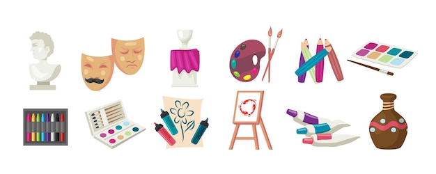 Conjunto de ícones de pintura plana de ferramentas de arte Diferentes elementos de designers artísticos Equipamentos criativos Ilustração vetorial