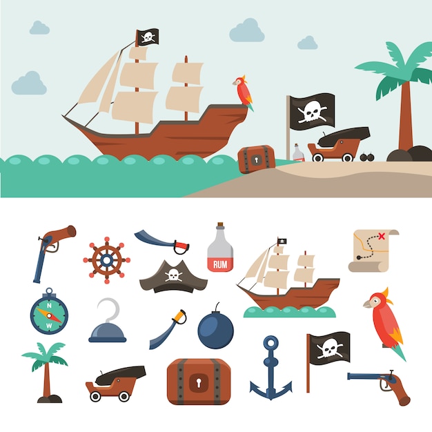Vetor grátis conjunto de ícones de pirata