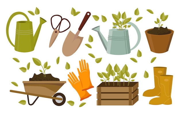 Conjunto de ícones de primavera sobre o tema da jardinagem regador e pá, tesoura e carrinho de luvas