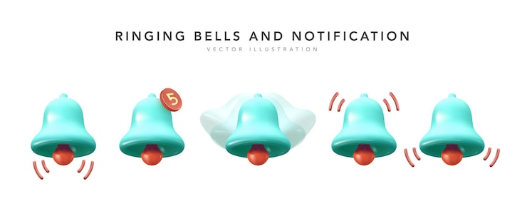 Vetor grátis conjunto de ícones de sino de notificação 3d isolado no branco. renderize a campainha com nova notificação para lembrete de mídia social.