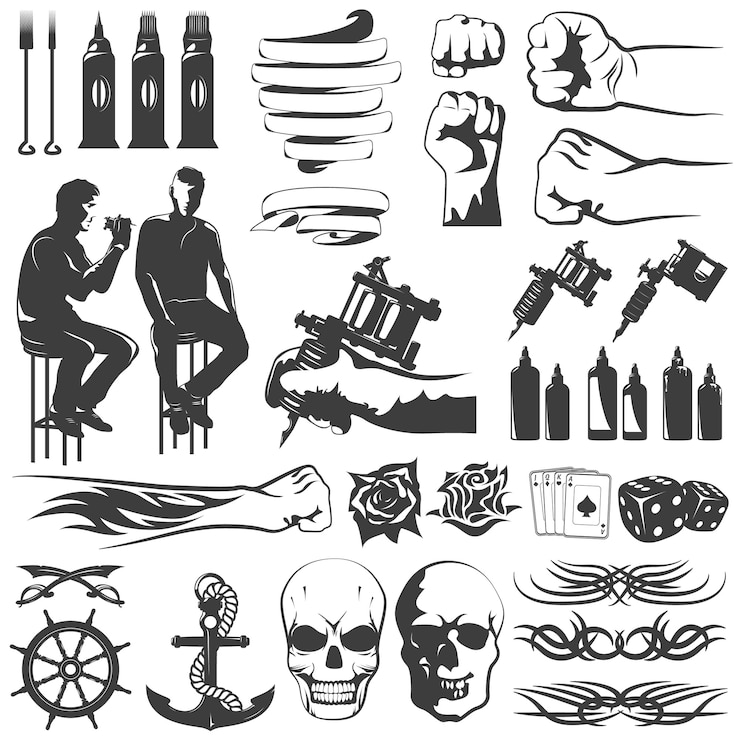 Vetor grátis conjunto de ícones de tatuagem preto e branco