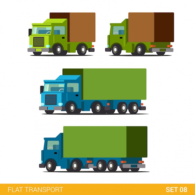 Vetor grátis conjunto de ícones de transporte rodoviário de entrega de carga plana engraçado. caminhão van automóvel vagão motor camião.