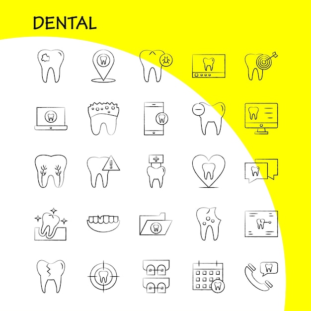 Vetor grátis conjunto de ícones dentários desenhados à mão para infográficos mobile uxui kit e design de impressão incluem dente, dentes, dentista, limpeza, dentes infectados, coleção de dentes, logotipo infográfico moderno e vetor de pictograma