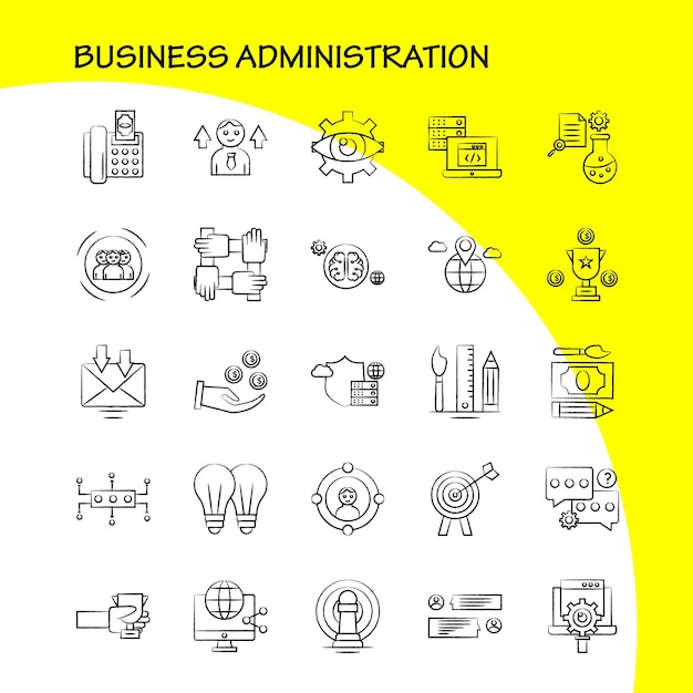 Conjunto de ícones desenhados à mão de administração de negócios para infográficos