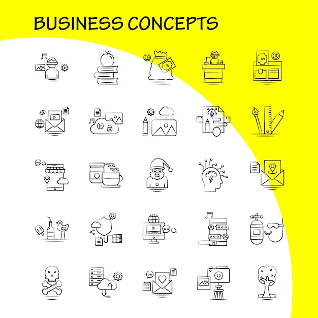 Conjunto de ícones desenhados à mão de conceitos de negócios para infográficos