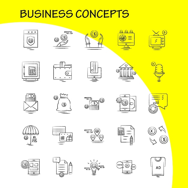 Vetor grátis conjunto de ícones desenhados à mão de conceitos de negócios para infográficos