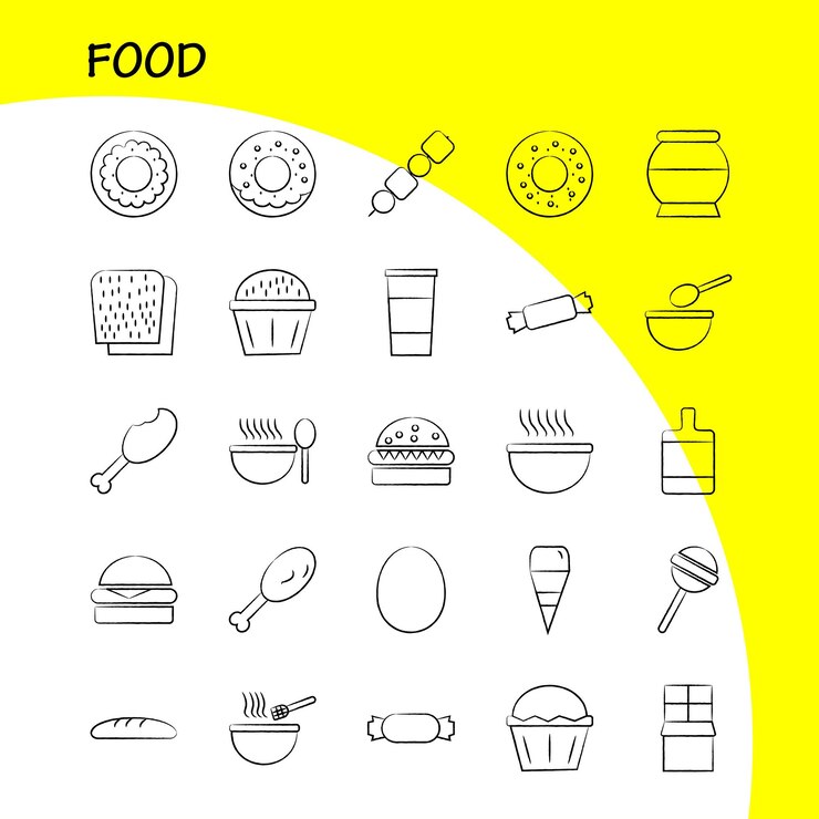 Vetor grátis conjunto de ícones desenhados à mão para infográficos mobile uxui kit e design de impressão incluem churrasco, carne, comida, forno, cozinha, coleção de refeições, infográfico moderno, logotipo e vetor de pictograma