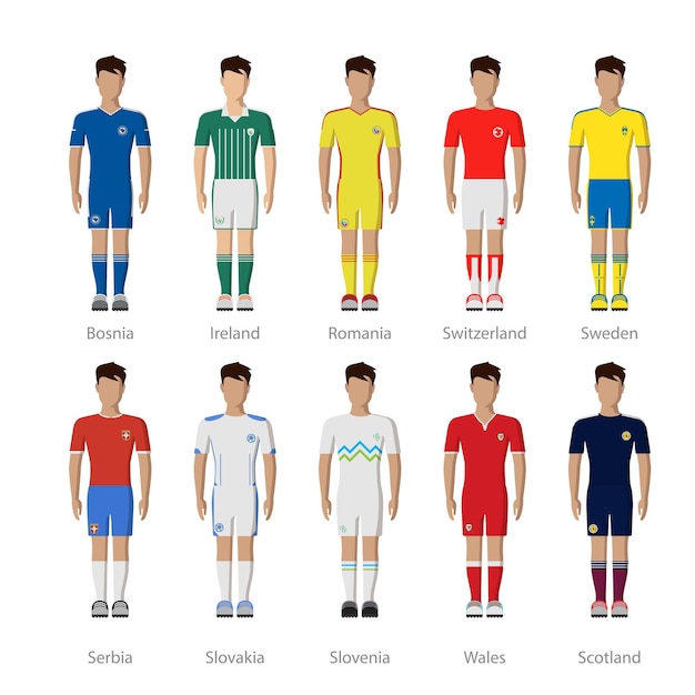 Vetor grátis conjunto de ícones do modelo uniforme do jogador manequim da equipe nacional de futebol europeu de futebol.