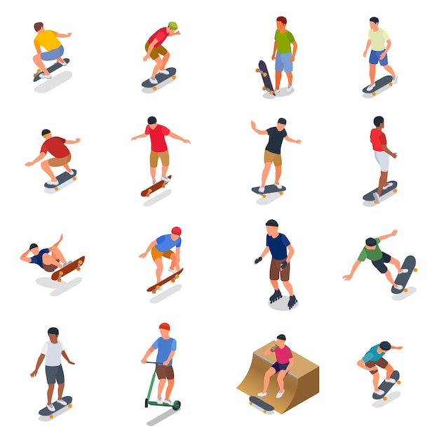 Conjunto de ícones do parque de skate com ilustração vetorial isolada isométrica de símbolos esportivos