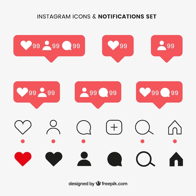 Conjunto de ícones e notificações do instagram plana