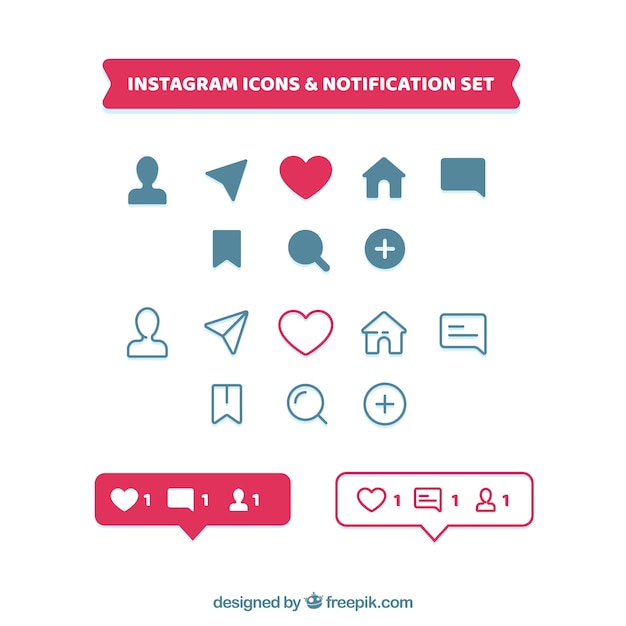 Conjunto de ícones e notificações do instagram plana