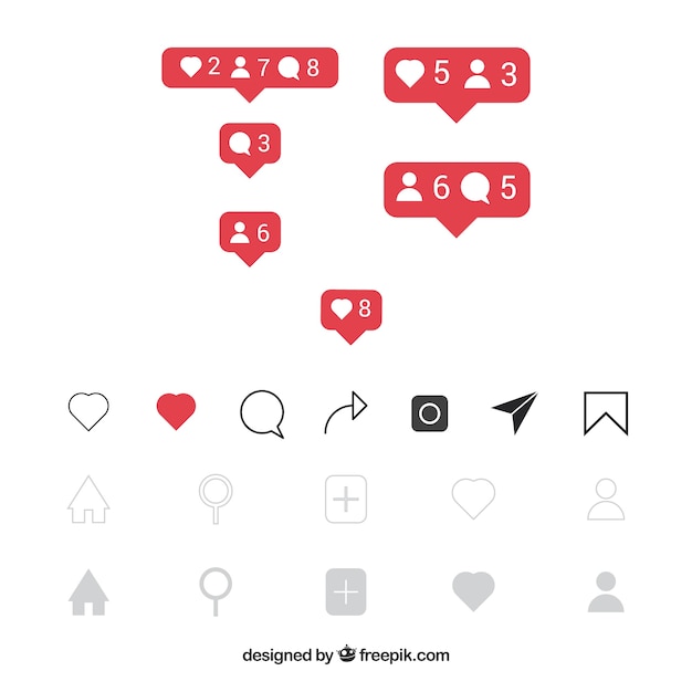 Vetor grátis conjunto de ícones e notificações do instagram plana