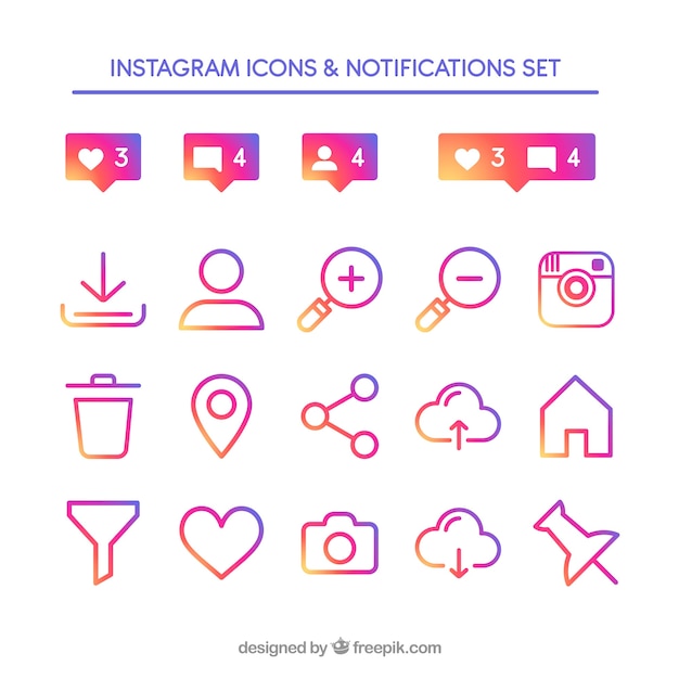 Vetor grátis conjunto de ícones e notificações do instagram plana