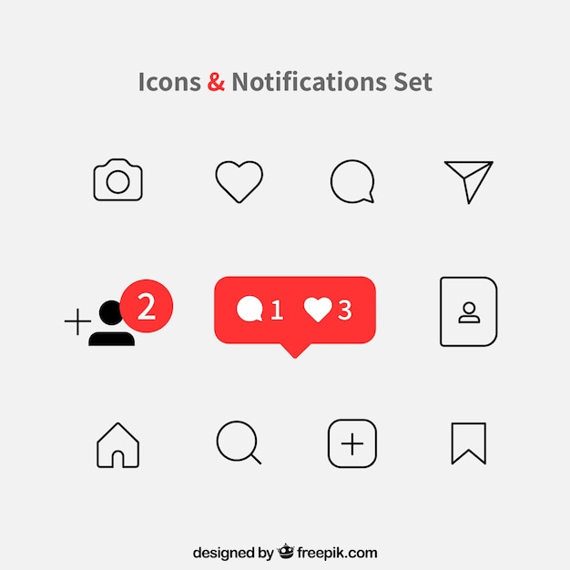 Conjunto de ícones e notificações do instagram plana