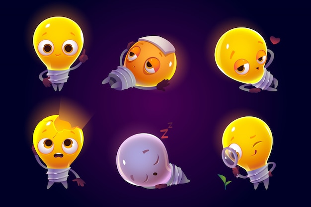 Conjunto de ícones emoji caracteres engraçados lâmpadas.