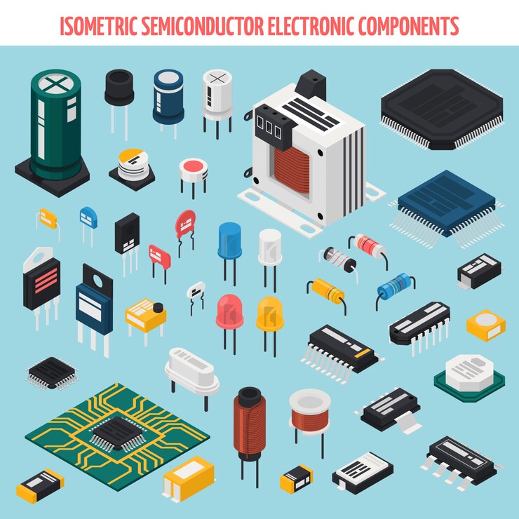 Vetor grátis conjunto de ícones isométrica de componentes eletrônicos de semicondutores
