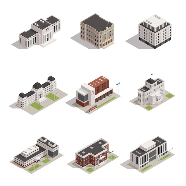 Vetor grátis conjunto de ícones isométrica de edifícios do governo