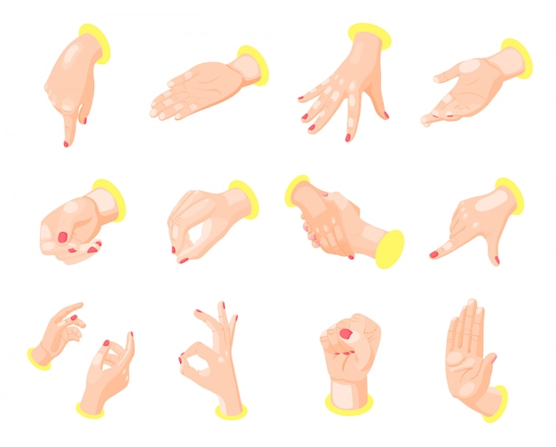 Vetor grátis conjunto de ícones isométrica de gestos de mãos