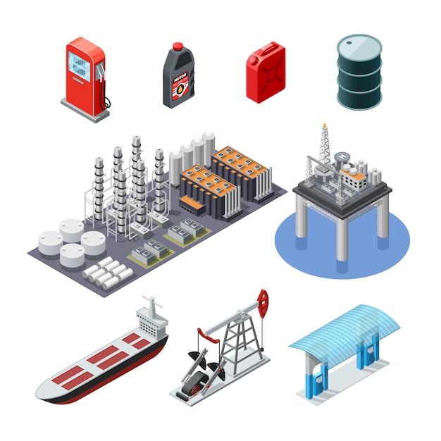 Conjunto de ícones isométrica de indústria de petróleo