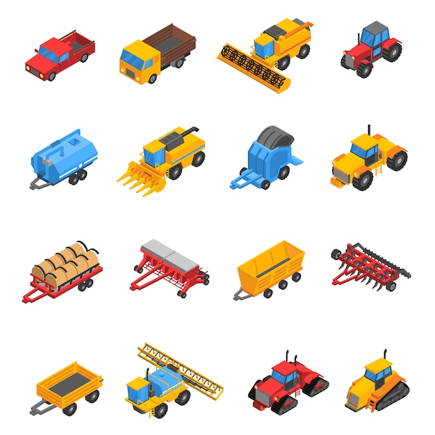 Vetor grátis conjunto de ícones isométrica de máquinas agrícolas