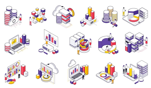 Conjunto de ícones isométricos de análise de dados troca de nuvem ilustrada de big data digital por ilustração vetorial isolada de tecnologias de rede
