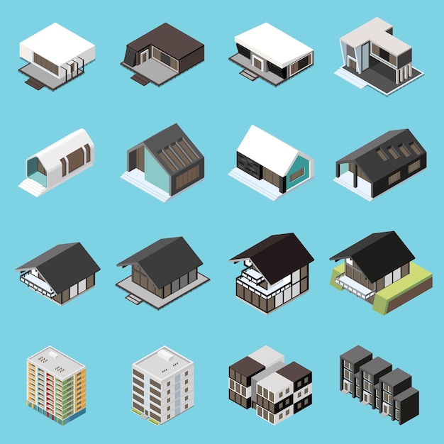 Vetor grátis conjunto de ícones isométricos de construção de estrutura modular com construções de casas móveis isoladas ilustração vetorial