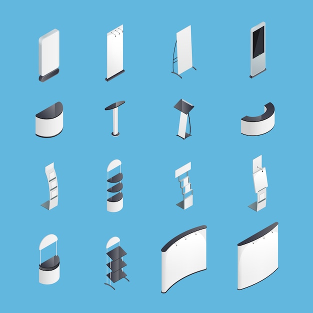 Vetor grátis conjunto de ícones isométricos de stands de exposição