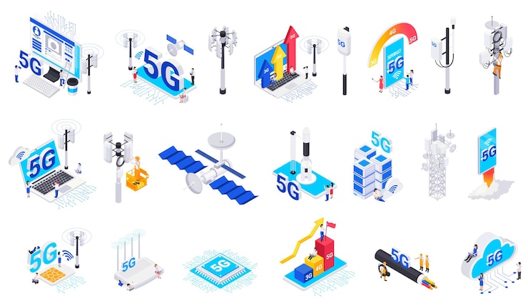 Vetor grátis conjunto de ícones isométricos de tecnologia de internet 5g de diagramas de crescimento de velocidade de equipamento líquido moderno e ilustração vetorial de elementos isolados de setas