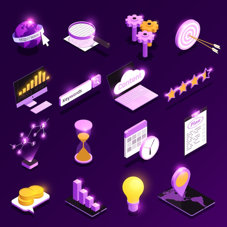 Vetor grátis conjunto de ícones isométricos de tráfego da web com ilustração isolada de símbolos de otimização de conteúdo