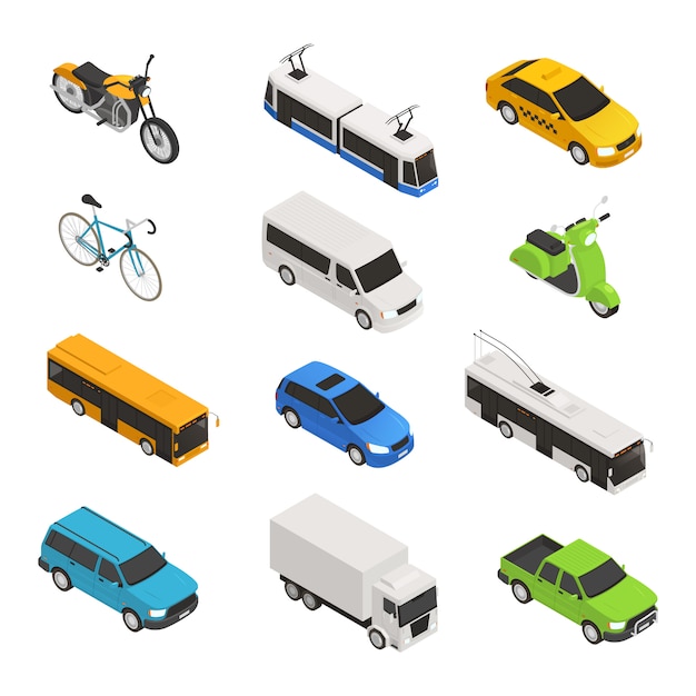 Vetor grátis conjunto de ícones isométricos de transporte cidade com ilustração em vetor diferentes táxi isolado bicicleta moto trole ônibus coletor
