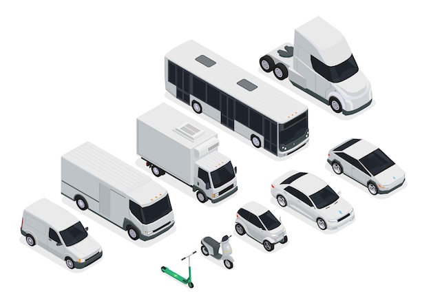Vetor grátis conjunto de ícones isométricos de transporte elétrico com ônibus eletromóveis e ilustração vetorial isolada de motos