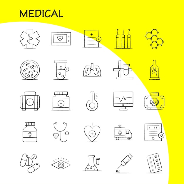 Conjunto de ícones médicos desenhados à mão para infográficos