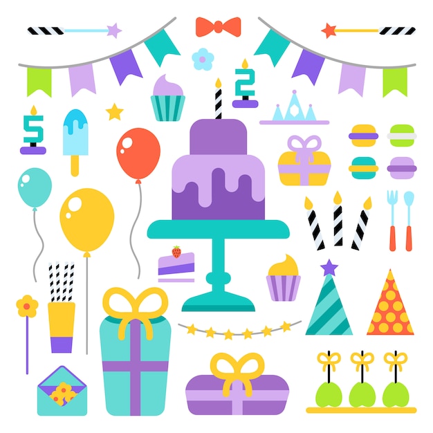 Vetor grátis conjunto de ícones plana de feliz aniversário