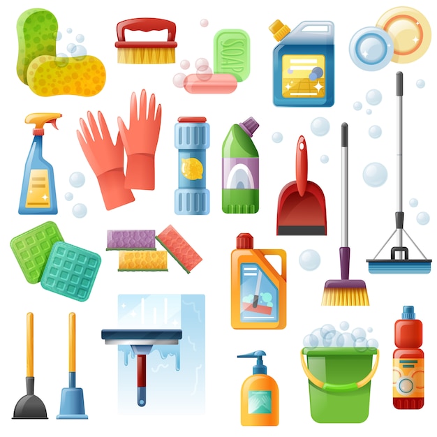 Vetor grátis conjunto de ícones plana de ferramentas de suprimentos de limpeza