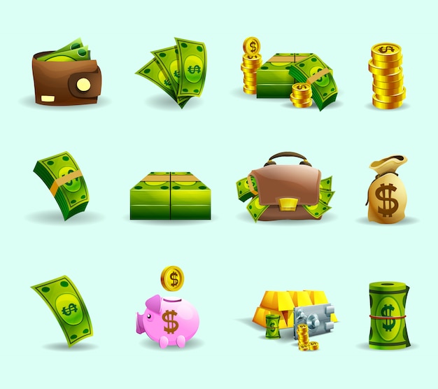 Vetor grátis conjunto de ícones plana de pagamento em dinheiro