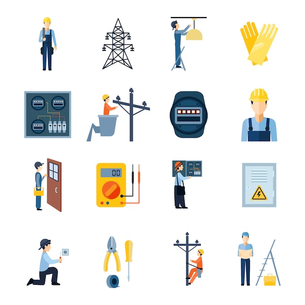 Conjunto de ícones plana de reparos eletricistas handymen figuras e equipamentos elétricos