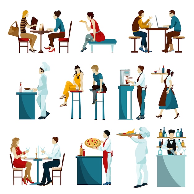 Conjunto de ícones plana de visitantes de restaurante
