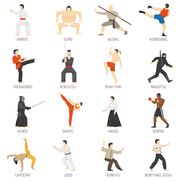 Vetor grátis conjunto de ícones plana decorativa de artes marciais