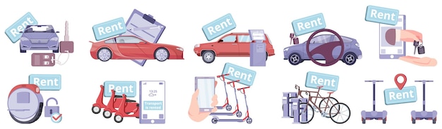 Vetor grátis conjunto de ícones planos de compartilhamento de transporte isolado com tags de texto e imagens de ilustração vetorial de carros e scooters